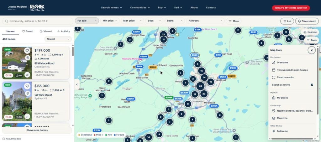 WP Firefly Listings 05 Map tools menu with draw area, open houses, zoom to results and follow me