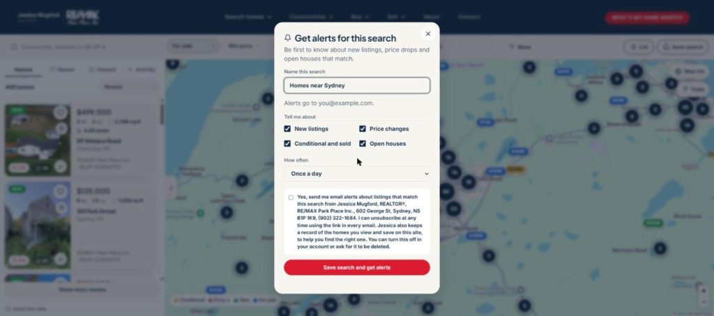 WP Firefly Listings 07 Save search dialog with alert types, frequency and consent