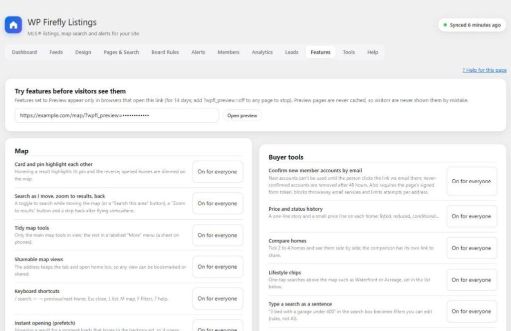 WP Firefly Listings 12 Feature switches with Off, Preview and On for each feature