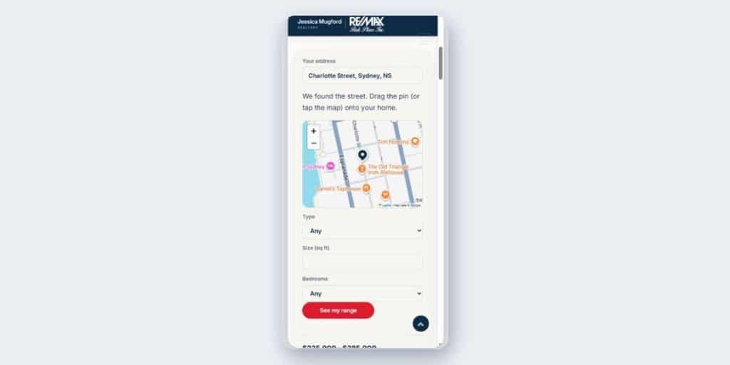 WP Firefly Listings 14 Home value address search on a phone: the street is found and a pin is dragged onto the home